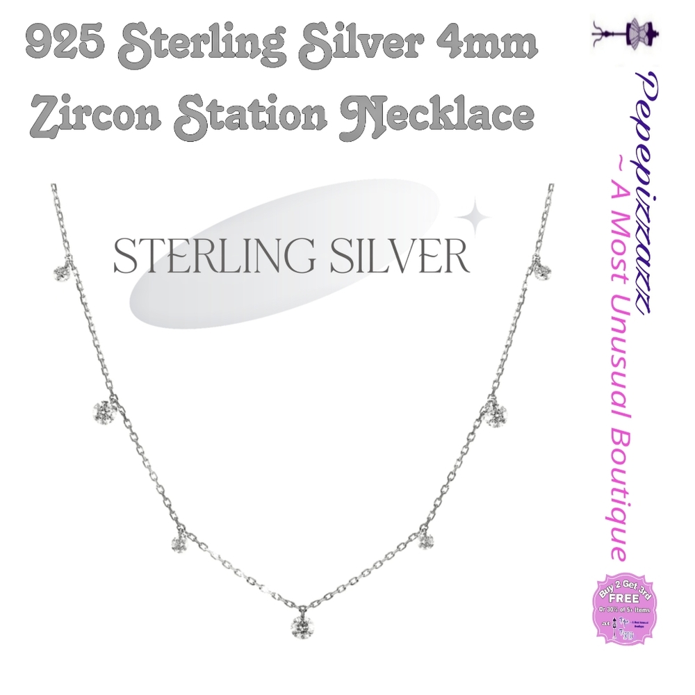 925 Sterling Silver 4mm Station CZ Zircon Necklace